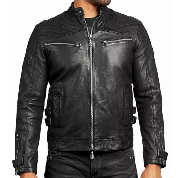 AFFLICTION Leather ON FIRE Men's JACKET Black Bike - Picture 2 of 7